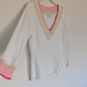 Daily Practice White V Neck Sweatshirt with Pink Sweater Trim Boho Feminine | L